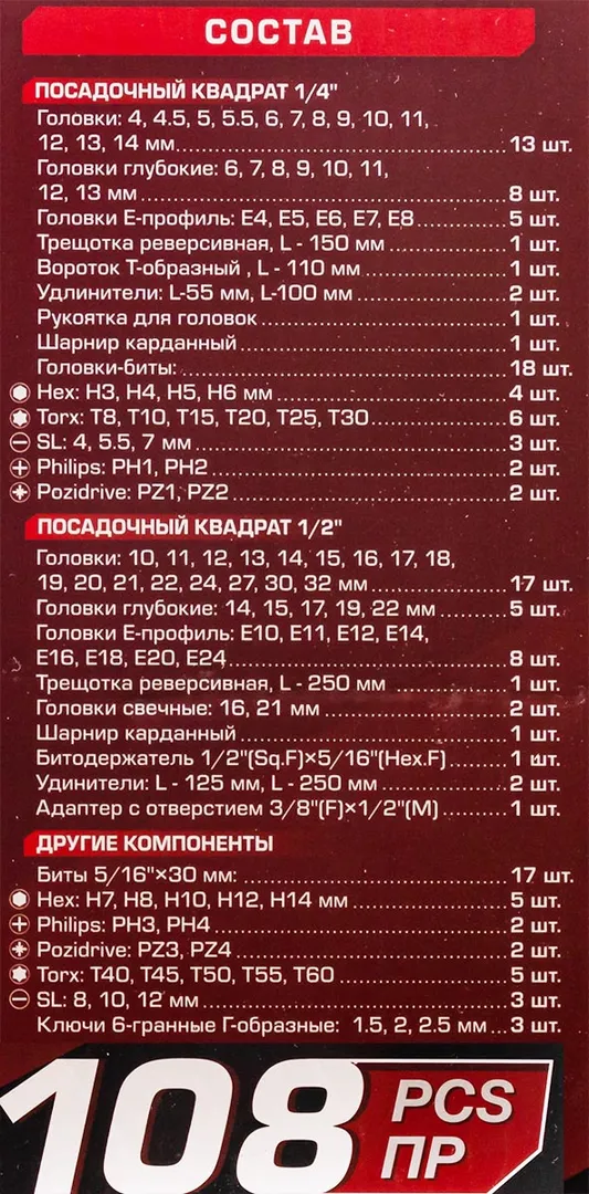 Набор инструментов 108пр. 1/2'', 1/4''(6гр.)(4-32мм) — фото 5