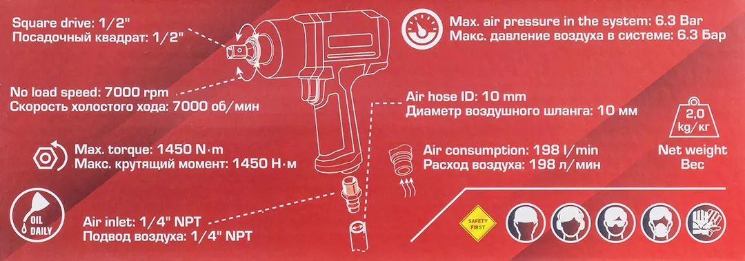 Пневмогайковерт ударный ''Twin Hammer''с реверсом и регулировкой усилия в облегченном корпусе 1/2''(1450Hм, 7000 об/мин,6.3bar,198 л/мин,вес 2кг) — фото 6