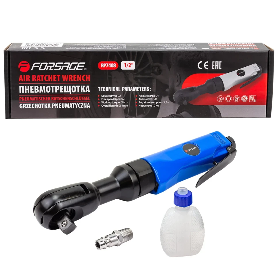Пневмотрещотка 68Нм, 1/2''(потребление 77л/мин, 160 об/мин, L-254мм,6.3Bar,штуцер 1/4'') — фото 3