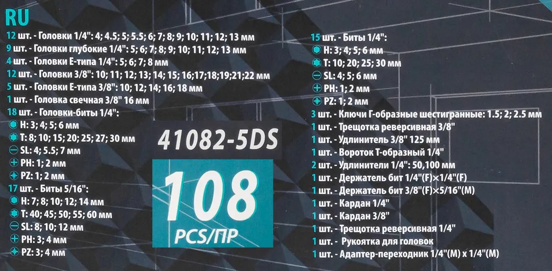 Набор инструментов 108 пр. 1/4'' 3/8''(6гр.)(4-22мм) — фото 5