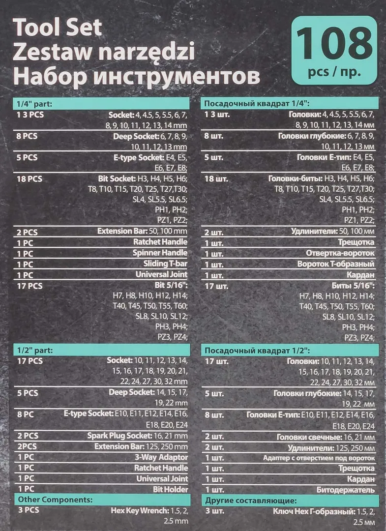 Набор инструментов PROFI 108пр. 1/4'',1/2''(6гр)(4-32мм) — фото 5