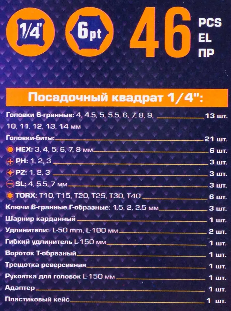 Набор инструмента 46пр. 1/4''(6-гран.)(4-14мм) — фото 6